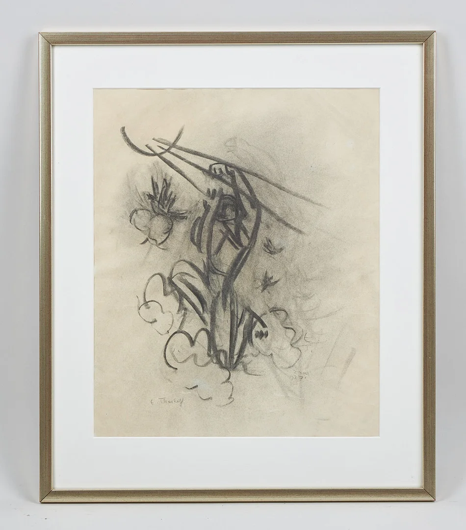 ELLEN THESLEFF. På solstrålar spelande, signerad samt daterad 2 nov 1937, kolteckning. — Paintings — Stockholms Auktionsverk Helsinki