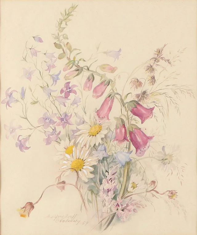 ANNA VON GERSDORFF-OBOLENSKY. Akvarell. Ängsblommor. Signerad.