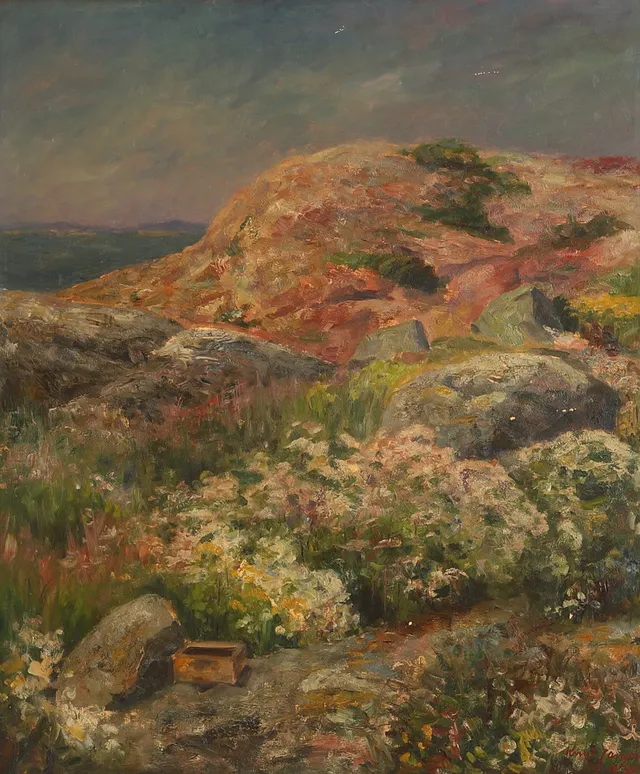 KNUT JANSON. Olja på duk, Blomstermotiv vid skärgårdsklippor.