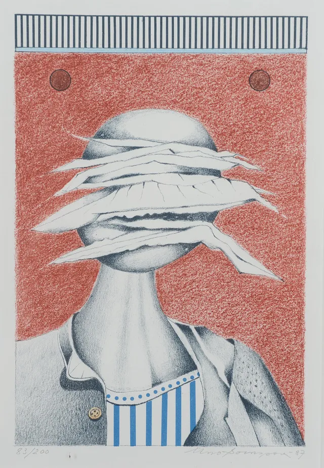 UNO SVENSSON. Surrealistiskt motiv, färglitografi, signerad samt numrerad.