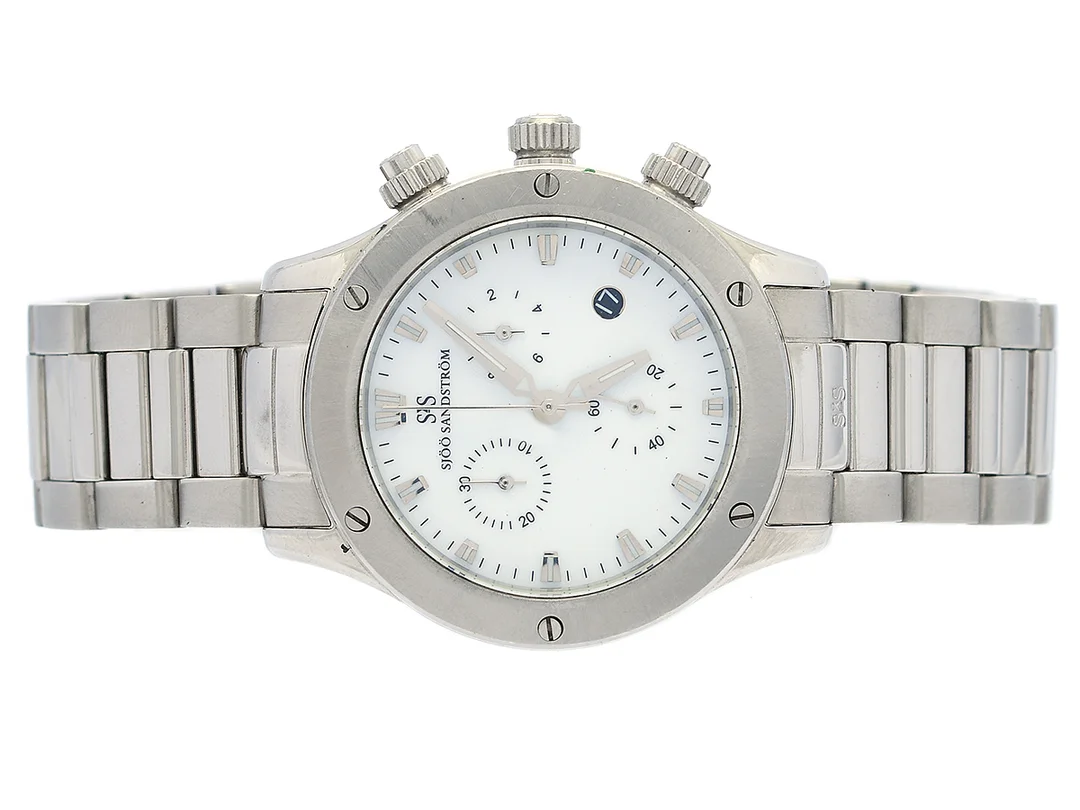 SJÖÖ SANDSTRÖM, Lady Extreme, Serie nr. 187, kronograf, damur, 37 mm, stål, quartz, safirglas, datum, pärlemorurtavla, skadad urtavla, originallänk, viklås, cert, maj 2012, box (skadad), ytterkartong (skadad). — Klockor/Sjöö Sandström — Kaplans