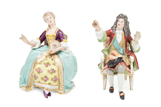 Pair of French 18th-Century style sculptures in Paris porcelain, 19th Century.
