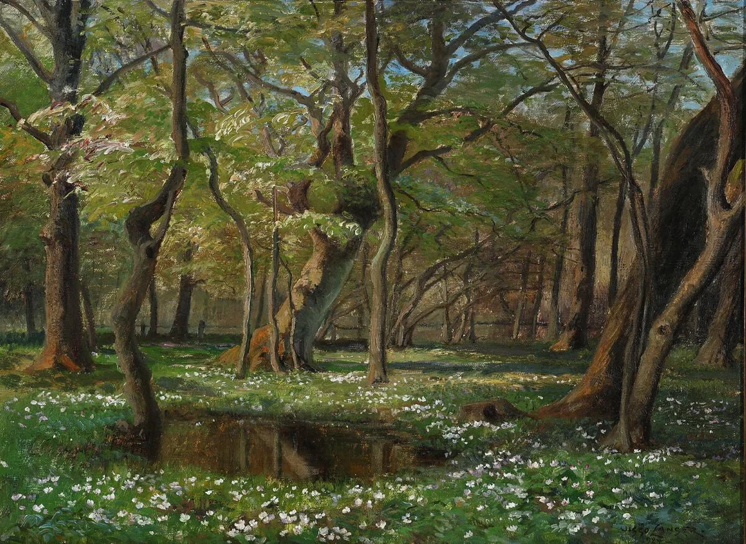 Blooming anemones in the forest floor at Ermelunden. Signed Viggo Langer, 1924. Oil on canvas. 46×63 cm. — Paintings — Bruun Rasmussen