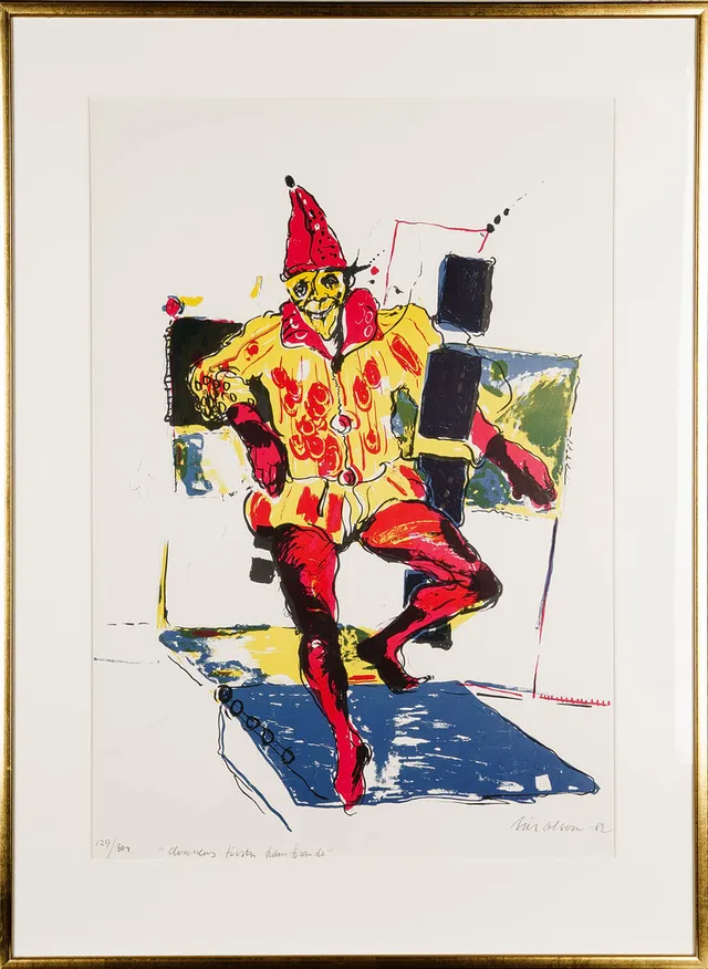 BILL OLSON. Färglitografi, "Clownens första framförande", Numrerad 129/300, Signerad, 1982.