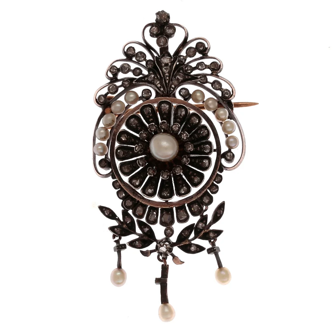 Brooch - French diamond and pearl pendant, from the late 19th century. — Brooches & Pendants — Balclis