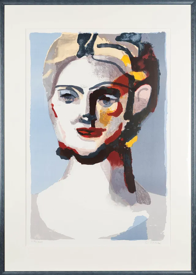 CECILIA SIKSTRÖM. Färglitografi, "Kvinnohuvud", signerad och numrerad.