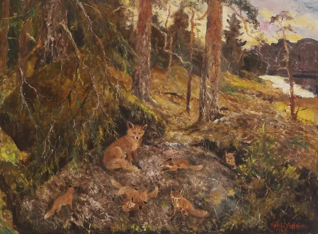 GÖSTA YDSTRÖM. Olja på duk, "Rävfamilj", signerad.