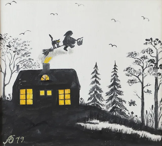 ALMA ÖHRSTRÖM. Landskap med häxa, olja på pannå, signerad A.Ö. -79.