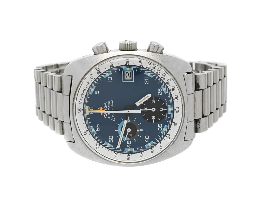 OMEGA, Seamaster (T Swiss Made T), "Tachymetre", Cal 1040, Serie nr. 36267921, Ref nr. ST 176.0007, Boett nr. 176.007, kronograf, herrur, 38,5 mm, stål, automatisk, plexiglas, datum, 24-timmarsvisning, originallänk, viklås, Ref nr. 1171/1/653, ca 1973. — Klockor/Omega — Kaplans