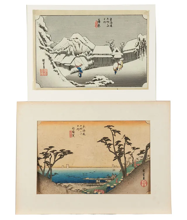 ANDO HIROSHIGE (1797-1858), EFTER. Träsnitt, 2 st, 33 Shirasuka: View of Shiomizaka, 16 Kanbara: Night Snow, ur 53 stations on Tokaido.