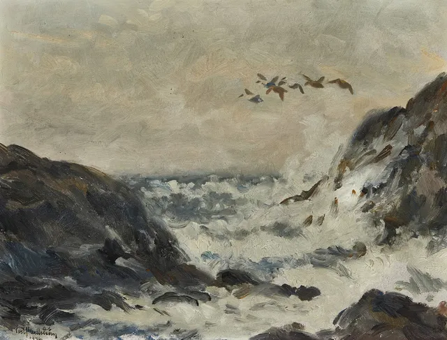 ROLF MELLSTRÖM (1896-1953) ”Ejdrar i storm”, signerad och daterad ’Rolf Mellström 1946’, olja på pannå.