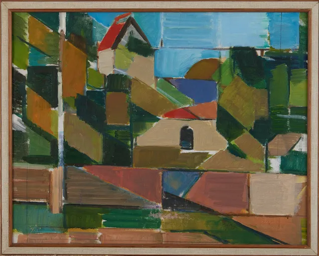 ARNE NILSSON (1925-1979). Komposition med hus, olja på duk på pannå, monogramsignerad AN.