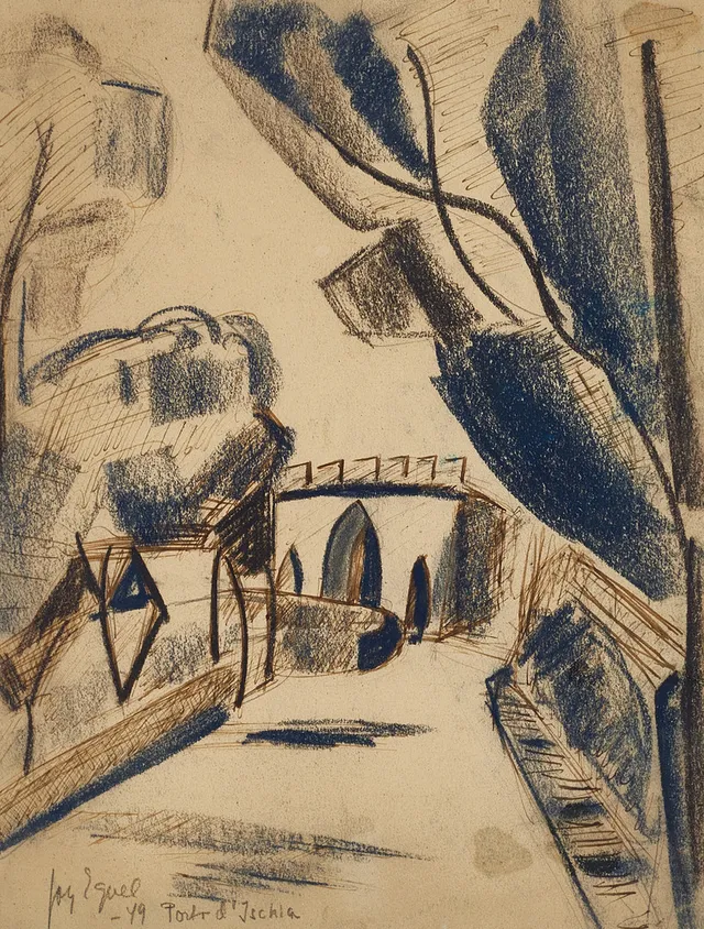 JOY EGNEL (Vilhelmina, 1920-2001, Stockholm). "Porto d´Ischia", signerad och daterad -49, pastell/färgkrita.