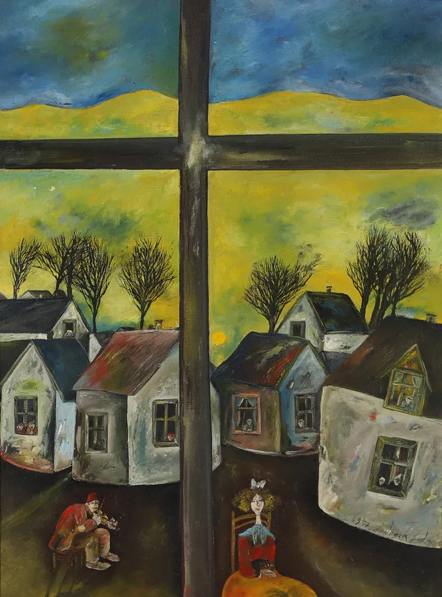 JAN JANCZAK. "Fönstertittarna", olja på pannå, signerad 1971.