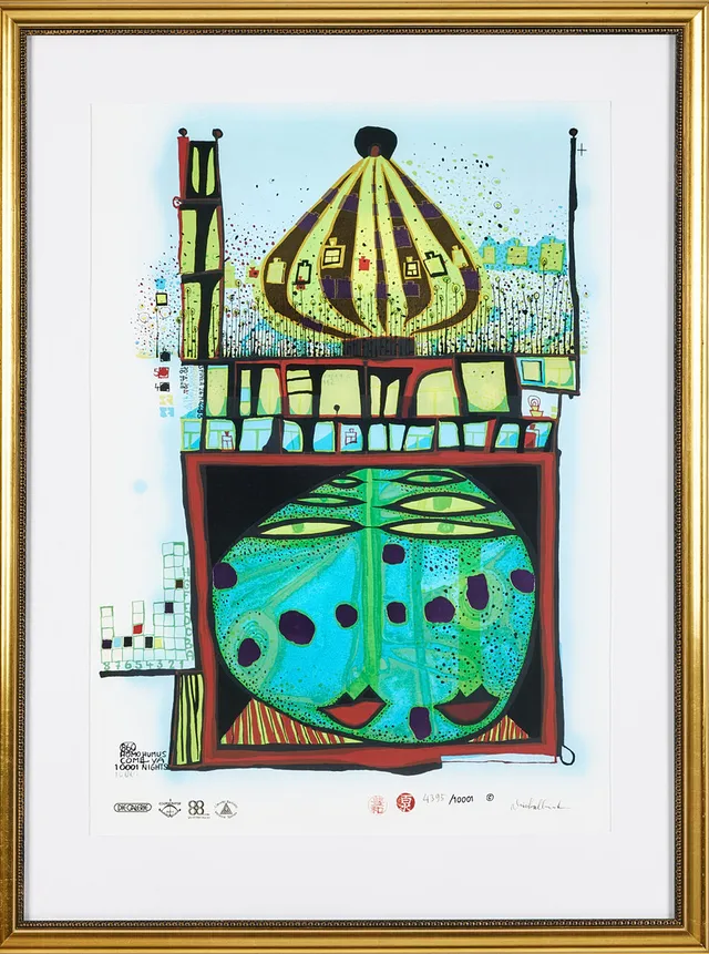 FRIEDENSREICH HUNDERTWASSER. Homo Humus Come - Va 100001 Nights, färgserigrafi, signerad och numrerad 4395/10001.