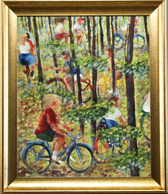 ANNICA UNNARYD SCHÖNHULT (FÖDD 1959). Cyklister i skogen, gouache på papper.