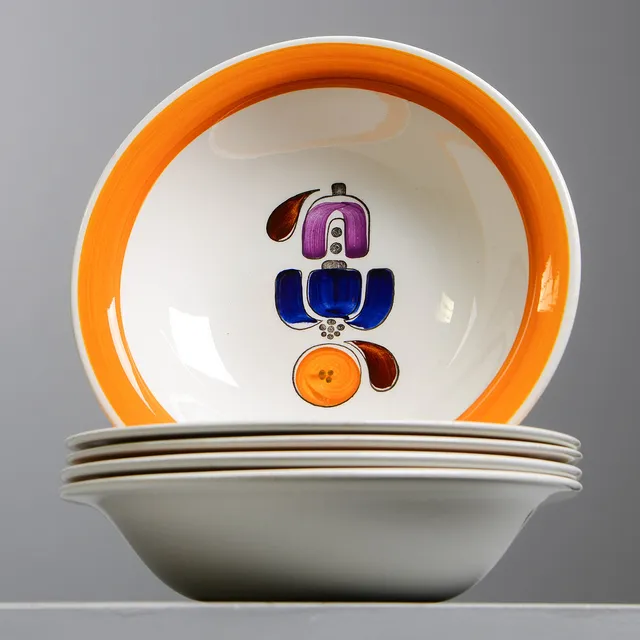 TIMO SARVIMÄKI. Djupa tallrikar, 5 st, "Karneval", Rörstrand, 1970-tal.