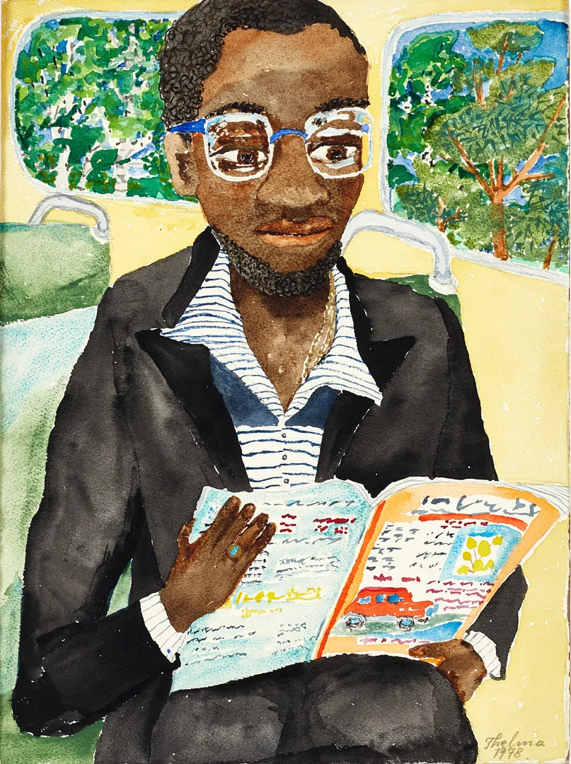 THELMA AULIO PAANANEN (1931–2019). Läsande man på bussen, signerad och daterad "Thelma 1978", akvarell. — Paintings — Crafoord Auktioner Stockholm