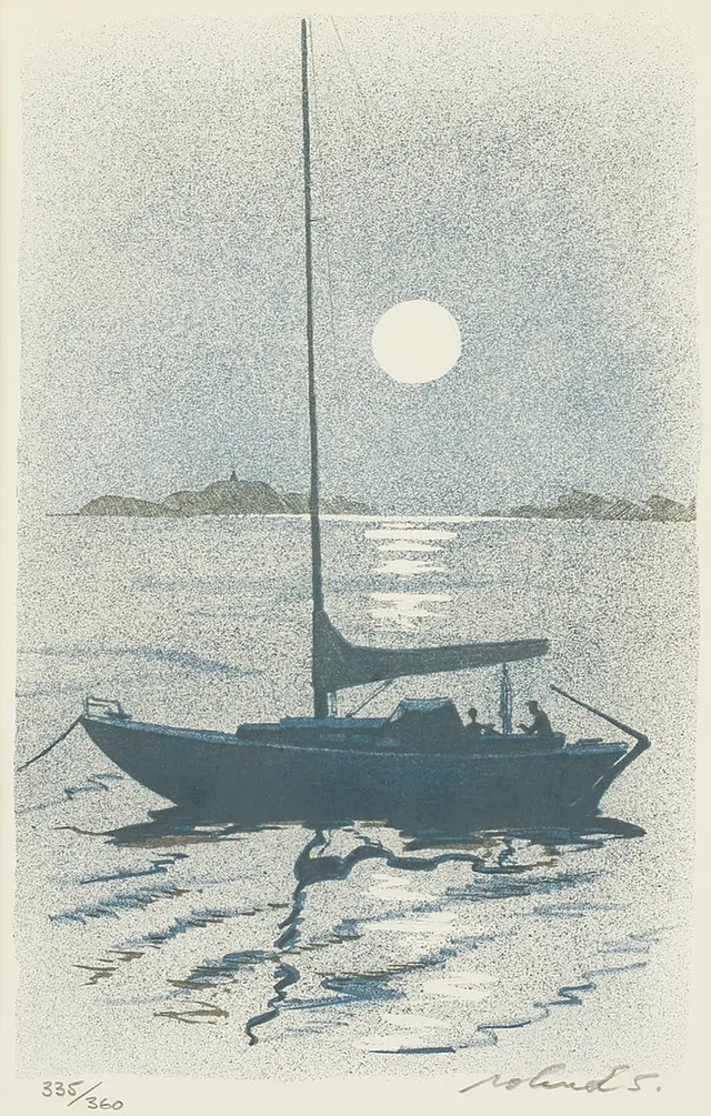 ROLAND SVENSSON (1910-2003): "Båtsnack", signerad roland S, 335/360, färglitografi.