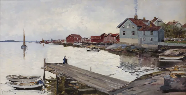 YO JOHANSSON. Västkustsamhälle, olja på duk, signerad.
