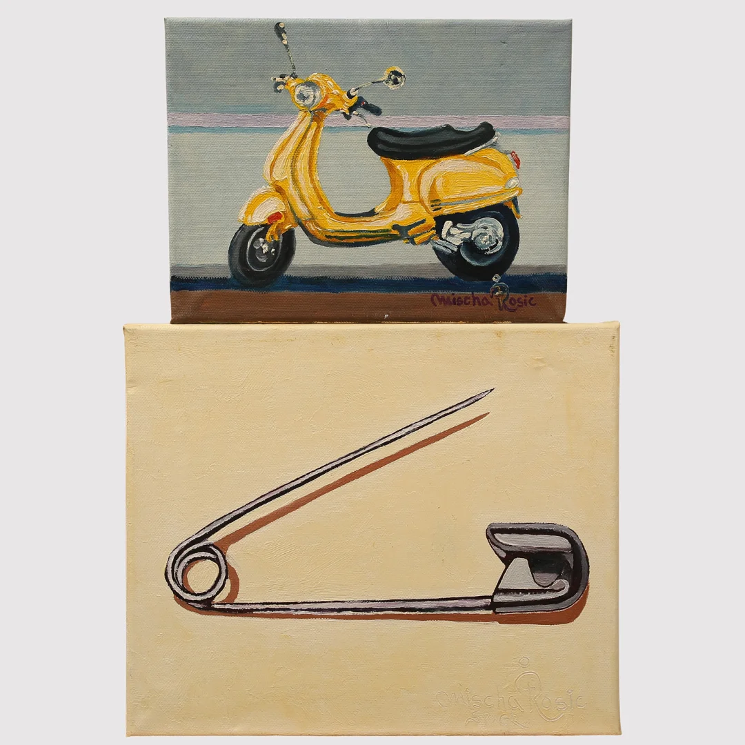 MISCHA ROSIC. Olja på duk, säkerhetsnål och vespa, 2 stycken, signerade. — Engravings & Prints — Limhamns Auktionsbyrå