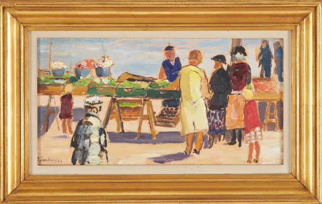 EVALD BJÖRNBERG. Torghandel, olja på pannå, signerad.