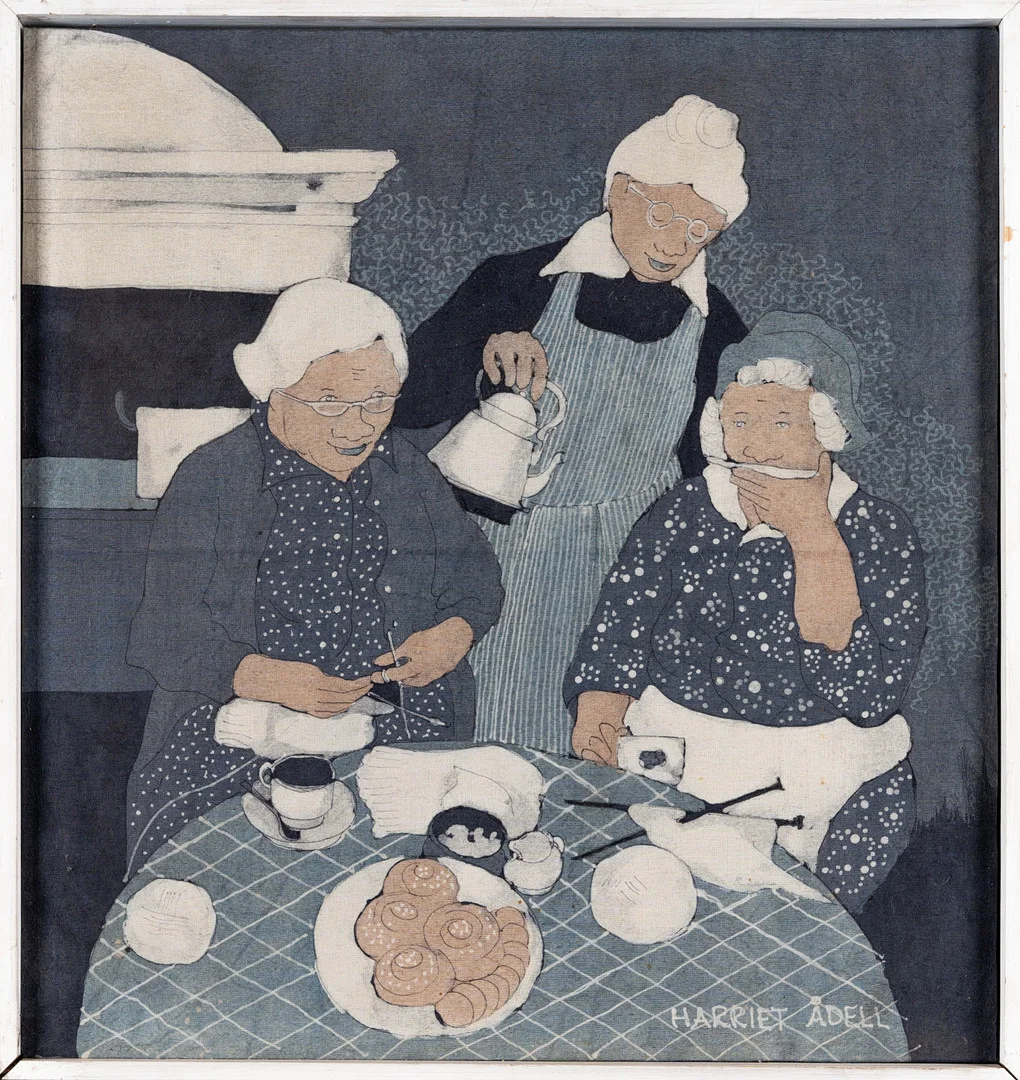 HARRIET ÅDELL. Batik på duk, Kafferep, Signerad. — Paintings — Norrlands Auktionsverk