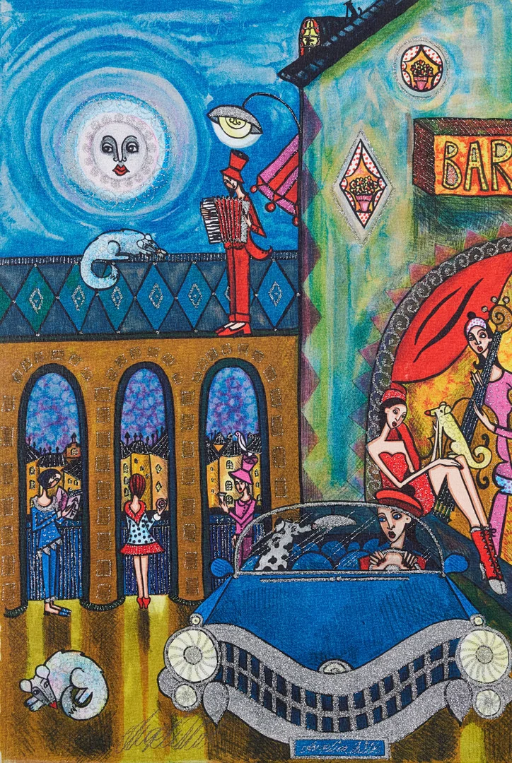 ANGELICA WIIK (FÖDD 1960). Stadsmiljö med figurer, signerad Angelica Wiik, färglitografi med glitterapplikationer. — Engravings & Prints — Stockholms Auktionsverk Magasin 5