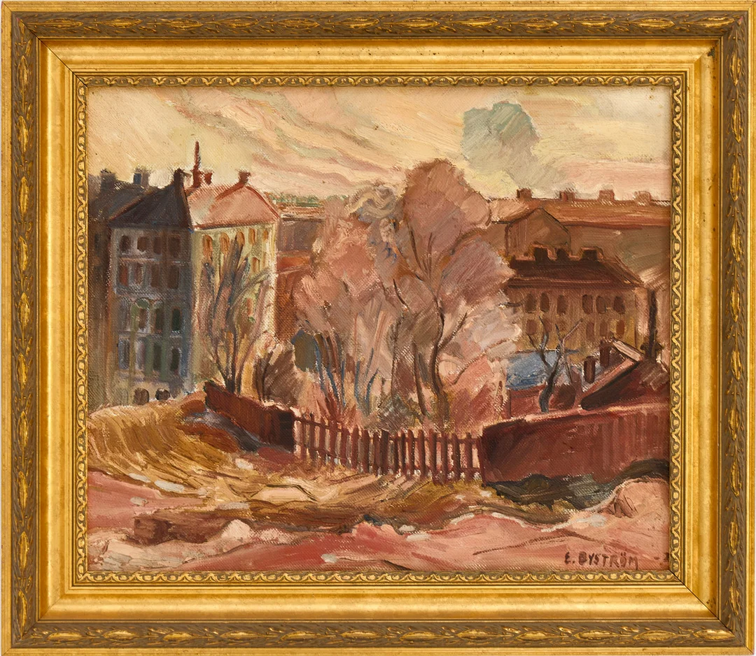 ERIK BYSTRÖM (1902-1988). Stockholmsbild, signerad, daterad 1920-tal, olja på pannå. — Paintings — Crafoord Auktioner Stockholm