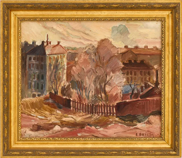 ERIK BYSTRÖM (1902-1988). Stockholmsbild, signerad, daterad 1920-tal, olja på pannå.