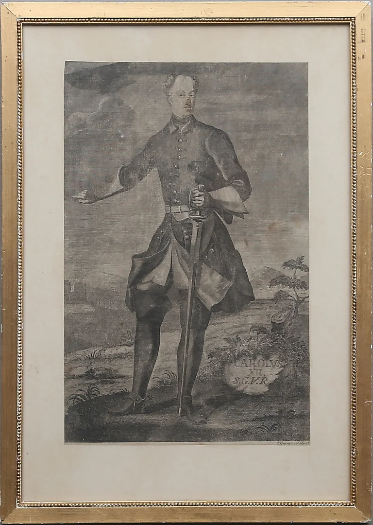 ERIK GERINGIUS. (1707-1747), "Carolus XII S.G.V.R". Porträtt av Karl XII i karolinsk dräkt. Gravyr. — Other — Gomér & Andersson Linköping