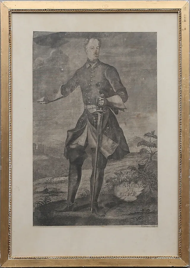 ERIK GERINGIUS. (1707-1747), "Carolus XII S.G.V.R". Porträtt av Karl XII i karolinsk dräkt. Gravyr.