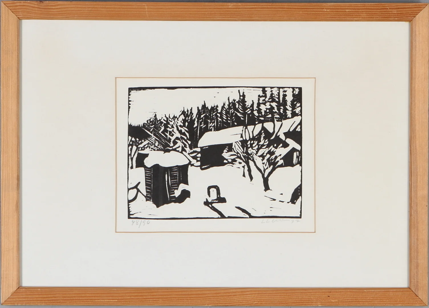 LARS LERIN. Vinterlandskap med stuga, grafiskt blad, signerad, daterad 77 samt numrerad 48/90. — Engravings & Prints — Auktionshuset Kolonn