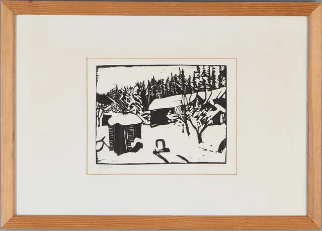 LARS LERIN. Vinterlandskap med stuga, grafiskt blad, signerad, daterad 77 samt numrerad 48/90.