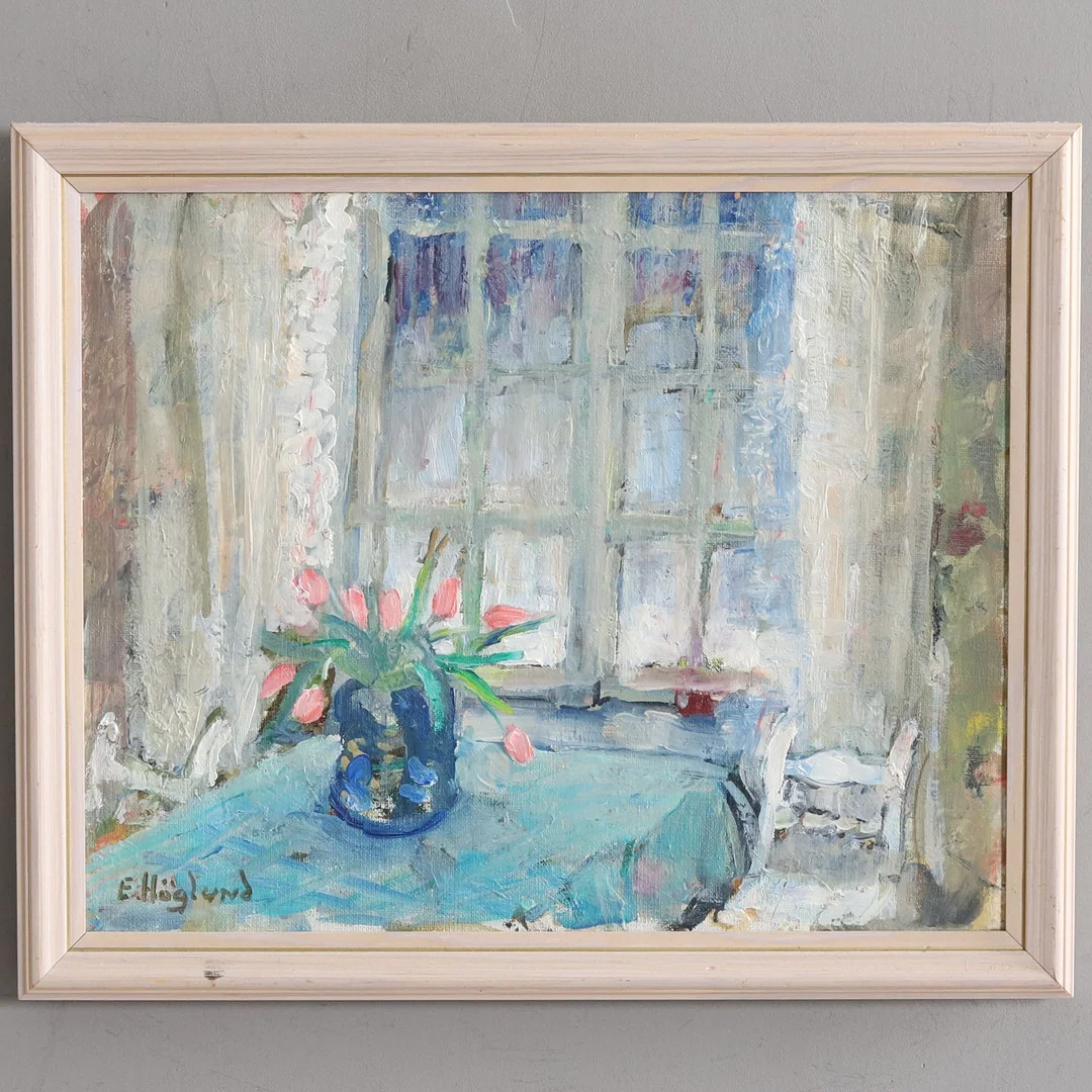 ELIN HÖGLUND. Olja på duk, "Interiörsmotiv" signerad. — Paintings — Örebro Stadsauktioner