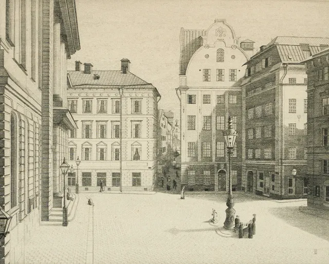 GUSTAF ISANDER (1863-1929). "Stortorget, sommardag, Stockholm", signerad och daterad 1921, torrnålsgravyr.