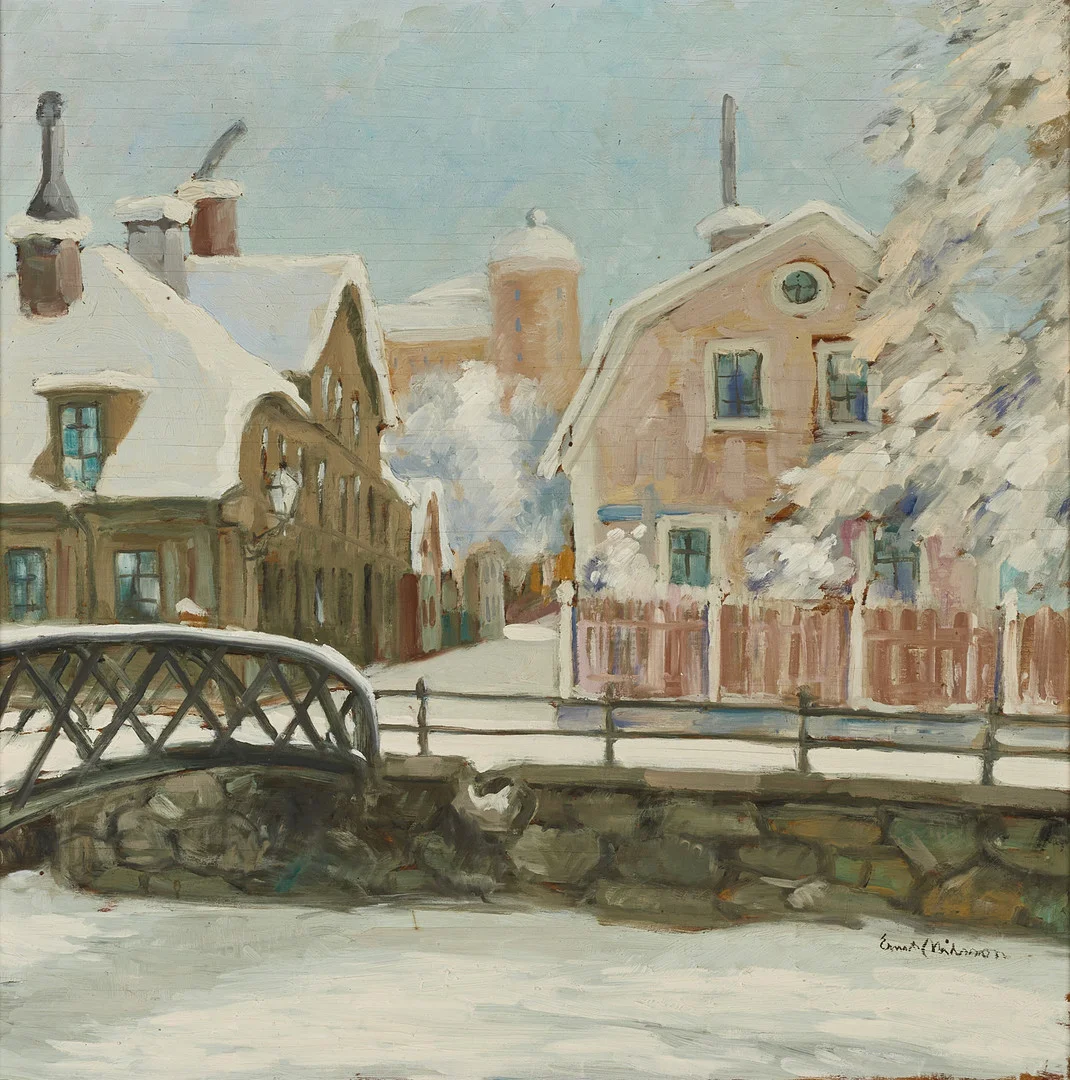 ERNST NILSSON (1892–1937). Vintermotiv från Uppsala, olja på pannå, signerad. — Paintings — Crafoord Auktioner Stockholm