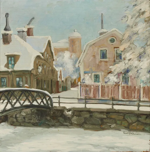 ERNST NILSSON (1892–1937). Vintermotiv från Uppsala, olja på pannå, signerad.