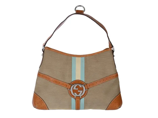 VÄSKA, GUCCI, Hobo Bag, beige tyg, brunt läder, silverfärgad beslag, Web, vit, blå, 35x25x6 cm, bruksslitage.