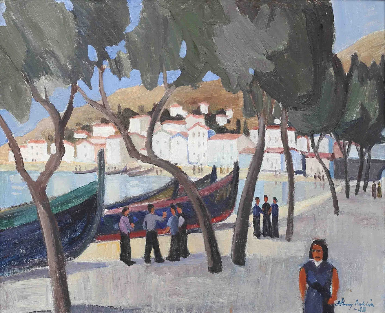 HARRY SAHLIN (1905-1987). Sydländsk gatubild vid Medelhavet, olja på pannå, signerad och daterad -59. — Paintings — Garpenhus Auktioner