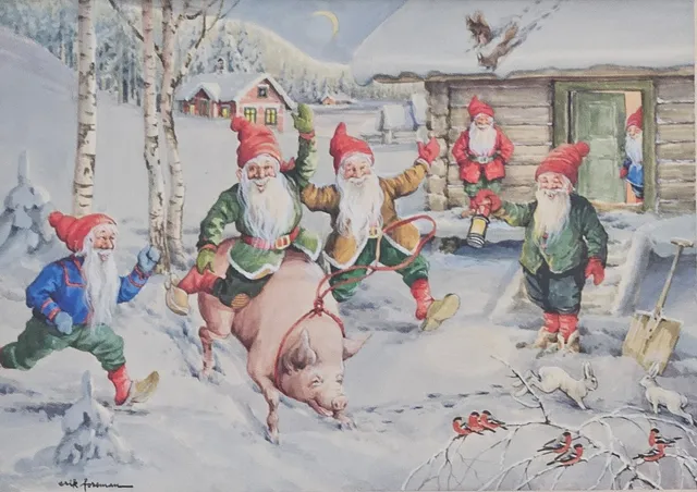 ERIK FORSMAN. Tomtar och djur. Akvarell och täckvitt, signerad Erik Forsman.