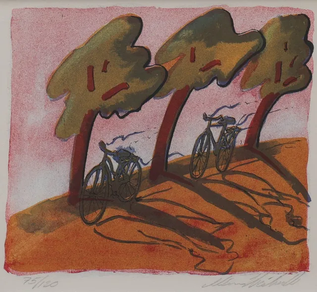 MÅNS HEIDVALL, färglitografi, cyklar och träd, numrerad 75/120, signerad.
