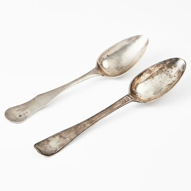 MATSKEDAR, 2 st, silver, Wilhelm Smedberg, Karlstad 1794, svensk rund samt Fredrik Sjöberg, Stockholm 1807, fiolmodell.