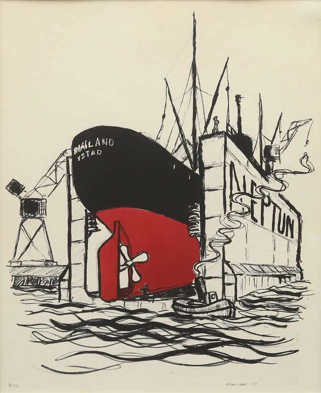 TRULS MELIN. Fartyg i docka, färglitografi nr 8/35, signerad.