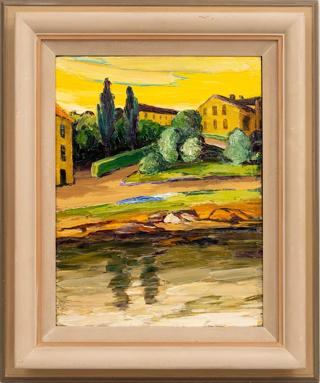 BEDA LÖBERG (1895-1973). Olja på pannå, Stadsmotiv, signerad och daterad a tergo 1945.