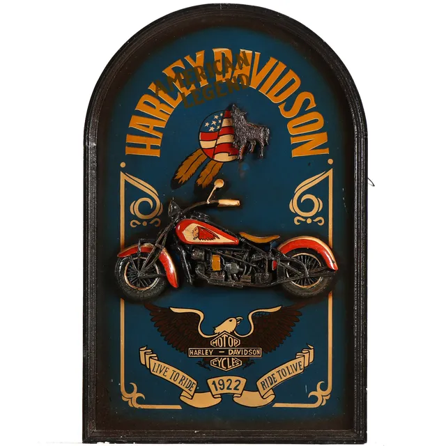 Harley Davidson portal-shaped sign made of carved and painted wood