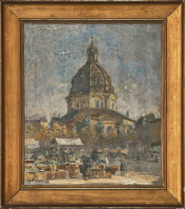 AXEL ERDMANN (1873-1954). Östermalmstorg och Hedvig Eleonora Kyrka, olja på pannå, signerad och daterad 1918.