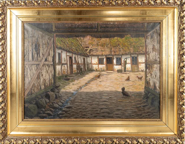 PETER ADOLF PERSSON (1862-1914). Innergård med höns, olja på duk.