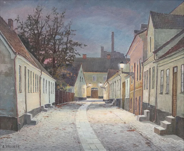 EDDIE VALENTA. Adelgatan, Lund, olja på duk, signerad.