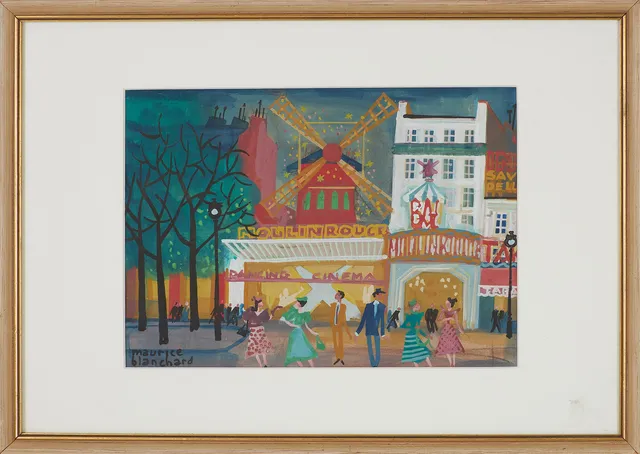 MAURICE BLANCHARD. Motiv av Moulin Rouge i Montmartre, Paris, gouache på papper, signerad.
